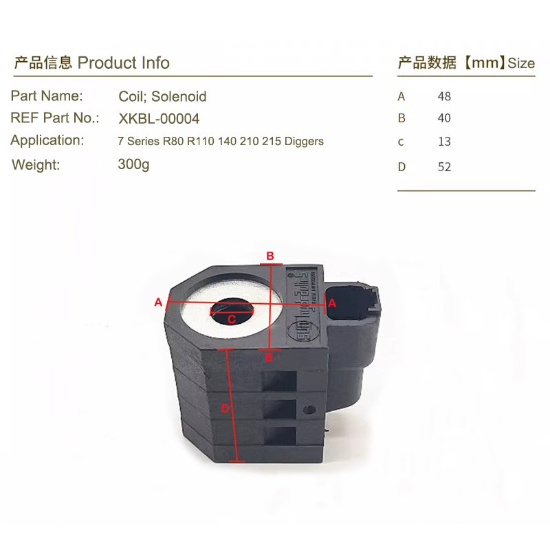 Solenoid Valve Coil XKBL-00028  Fit Hyundai Excavator R60-7 R215-7, Case CX17C CX18C